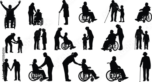 Elderly Care and Disability Silhouette Set, Seniors in Wheelchairs with Nurses, Patient Assistance, Nursing Home Support, and Accessibility Vector Design.