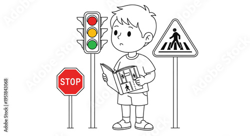 A young boy reads a book near traffic signals and pedestrian crossing signs