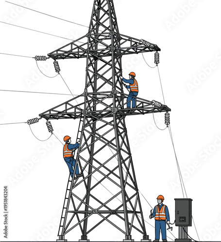 Electrical workers performing maintenance on high voltage power line transmission tower, utility technicians repairing energy infrastructure, industrial safety equipment, isolated.