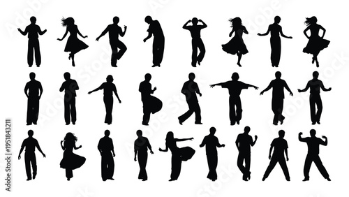 Black silhouettes of people dancing in various poses