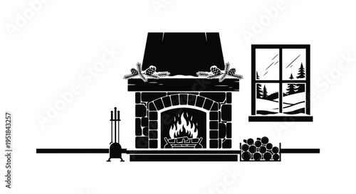 A cozy fireplace scene with a winter landscape visible through the window depicted in dark silhouette high quality professional detailed modern