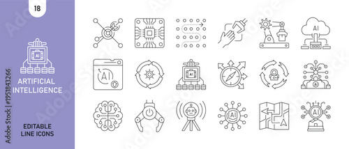 Modern artificial intelligence technology line icon set. Editable outline vector icons including AI processor chip, machine learning, neural network, and automation symbols. Minimal monoline design su