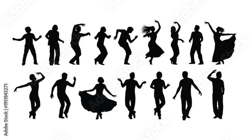 Black silhouettes of people dancing in various styles and poses