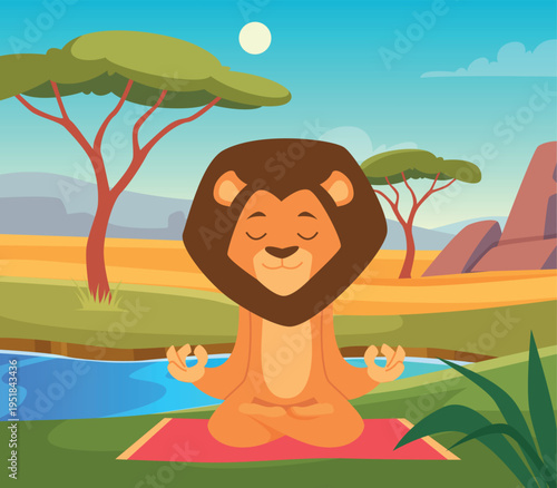 Lion outdoor. desert landscape with wild cartoon lion sitting in yoga positions