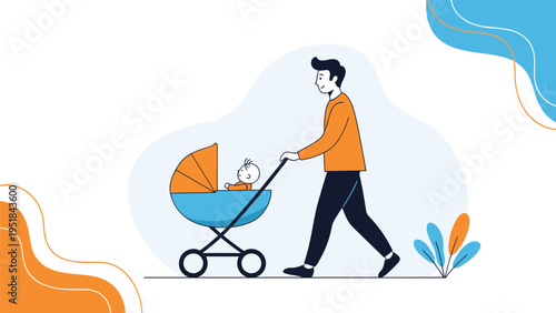 Young father walking outdoors pushing his baby in a bright blue and orange stroller during a pleasant sunny day in the park.