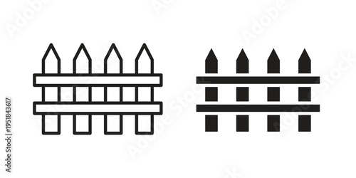 Fence icon set in black outline and fill. Editable icons