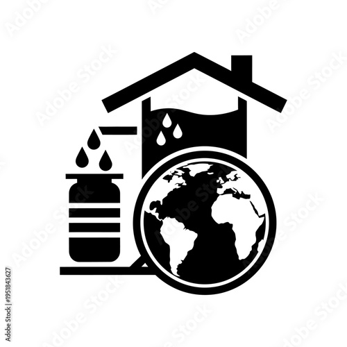 Black icon of a house with a leaking roof, oil barrel, and globe, symbolizing environmental pollution.