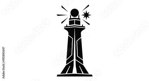 A striking black silhouette depicts a lighthouse with a radiant burst of light and a star silhouette high quality professional detailed