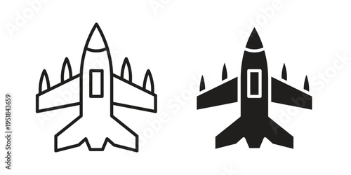 Fighter jet icon set in black outline and fill. Editable icons