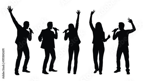 Five people singing with microphones in different poses