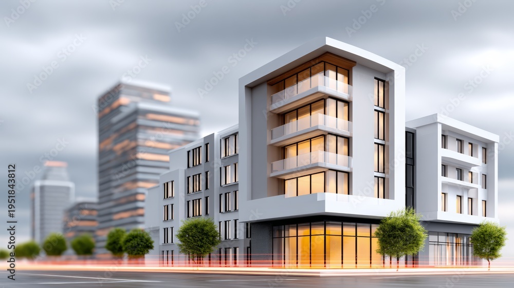 Fototapeta premium Modern apartment building with warm interior lights. Sleek glass and concrete design. Trees line street in front of property. Suitable for real estate, urban development, or architectural portfolios