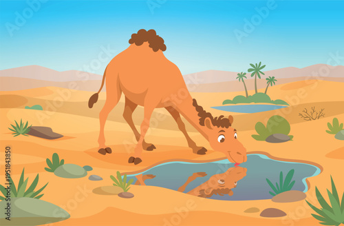 Desert background. Cartoon outdoor landscape with arabian animals camels exact vector illustration