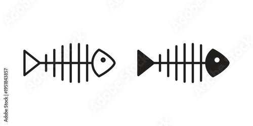 Fish bones icon set in black outline and fill. Editable icons