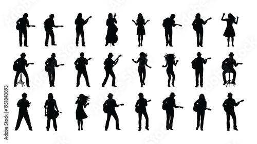 A collection of black silhouettes of people playing musical instruments