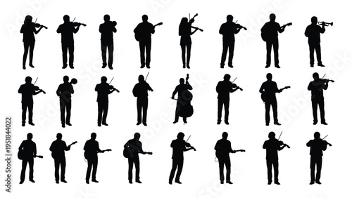 A collection of silhouettes of people playing trumpets