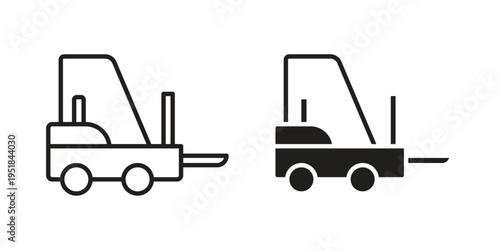 Forklift icon set in black outline and fill. Editable icons