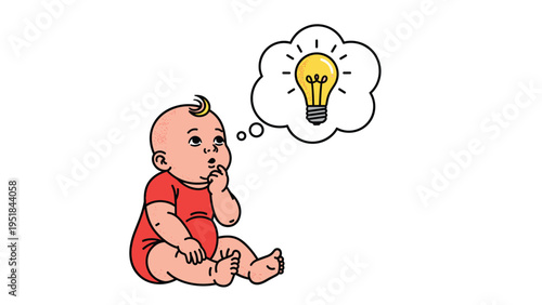 Cute baby sitting on the floor thinking deeply with a bright yellow lightbulb in a thought bubble representing a new creative idea.