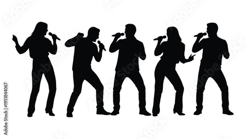 Five people singing into microphones