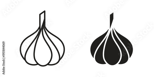 Garlic icon set in black outline and fill. Editable icons