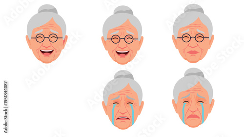 Series of five elderly woman faces showing a range of emotions from happy laughter to sadness and crying with blue tears visible.