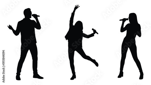 Silhouettes of people singing and dancing with microphones