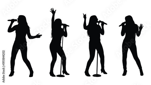 Four female singers performing on stage with microphones
