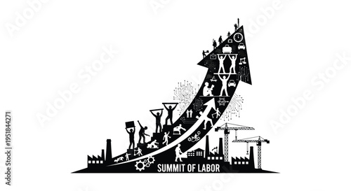 A dynamic black illustration depicts progress and human endeavor symbolized by figures ascending an arrow silhouette high quality professional detailed modern