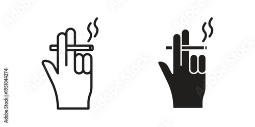 Hand holding cigarette icon set in black outline and fill. Editable icons