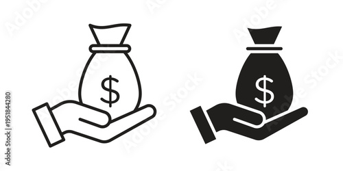 Hand holding a money bag icon set in black outline and fill. Editable icons