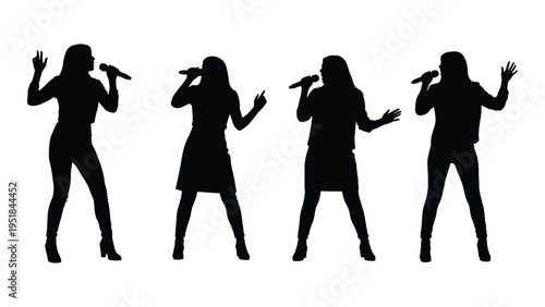 Four women singing with microphones