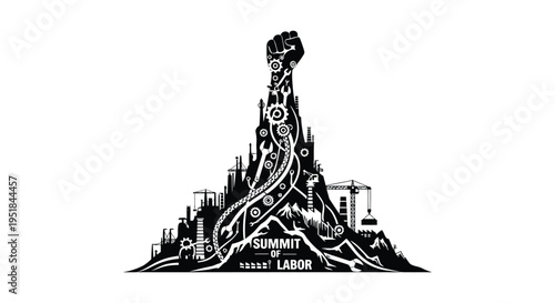 A striking black and white image depicts a fist rising from industrial gears and a cityscape a powerful silhouette high quality