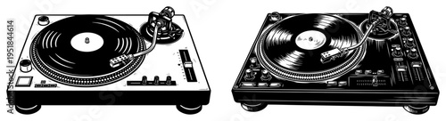 Vinyl record player turntable set, vintage dj equipment silhouettes, retro analog music player illustrations for disco and party design, vinyl disc turntable deck isolated on white