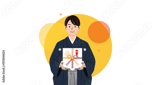 Man in traditional japanese formal kimono and hakama holding a beautifully wrapped gift box in front of a golden circular background.