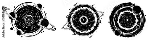 Space galaxy and planets circle silhouette set, abstract universe astronomy icons with stars and orbit rings, celestial bodies for science and sci-fi design