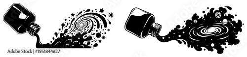 Ink bottle pouring out galaxy and cosmos silhouettes, creative space inspiration concept, artistic inkwell with universe splash for writers and designers