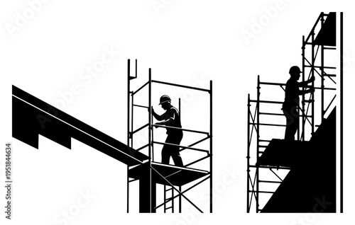 Construction workers on scaffolding silhouettes, industrial building site with workers in safety helmets, architecture and engineering development concept