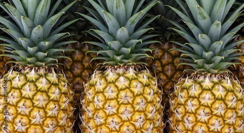 Three pineapples with green leaves on top