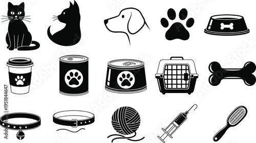 Set of black and white pet care icons including cat, dog, paw print, animal food, pet carrier, collar, and veterinary equipment, isolated.