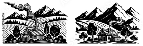 Mountain landscape with rustic cabin and trees set, rural country house silhouette with chimney smoke, alpine nature scenery for hiking and travel design