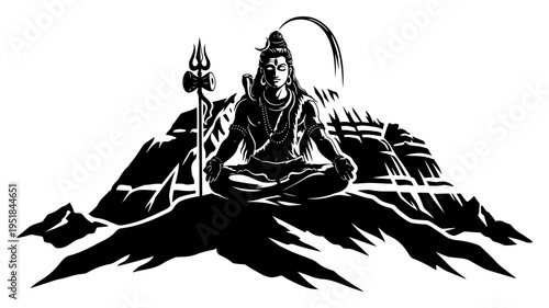 Lord Shiva meditating on mountain peak silhouette, Hindu god Mahadev spiritual illustration, sacred yoga and religious meditation in Himalayas