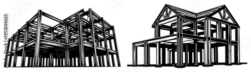 Steel building frame and construction structure set, industrial architectural skeleton silhouettes, modern house framework for engineering and development