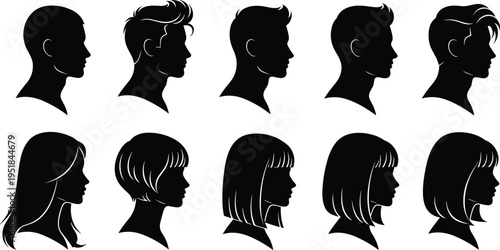 Set of black silhouettes featuring various male and female head profiles with different hairstyles, perfect for salon branding, hair care, and beauty,