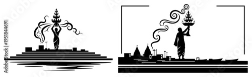 Ganga Aarti ritual in India silhouette set, priest performing spiritual fire ceremony at river bank with temples, Varanasi culture and religion illustration