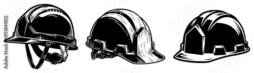 Safety helmet and hard hat set for construction and industrial work, protective headgear silhouettes for engineering and safety design