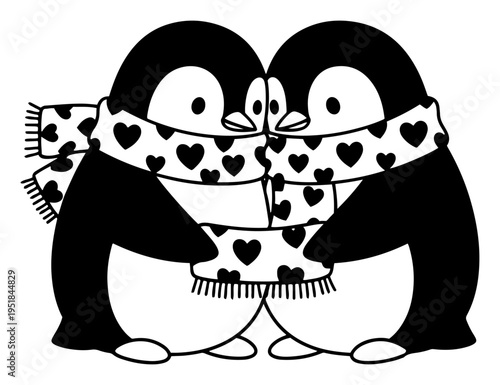 Cute penguin couple sharing a scarf with hearts, winter love and valentine's day illustration, friendly animal mascots for holiday and romance design