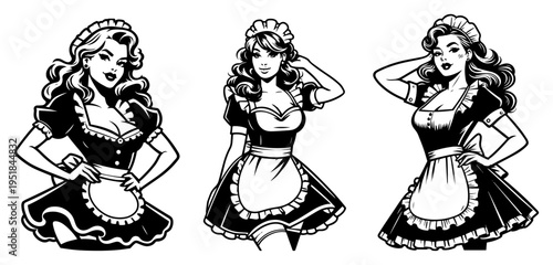 Retro pin-up maid and waitress silhouette set, vintage women in aprons illustrations, 1950s style glamour for hospitality and domestic service design