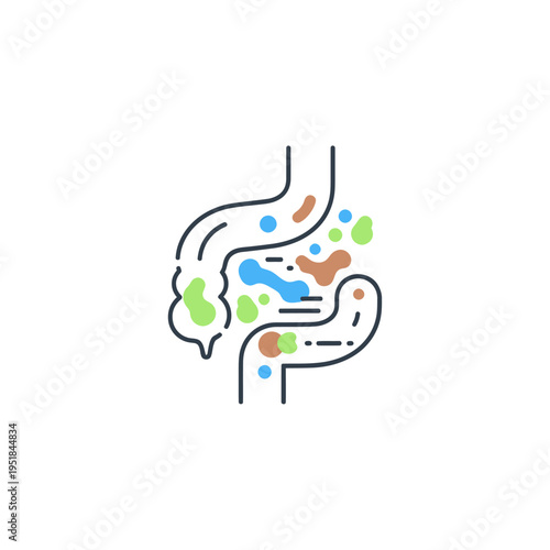 Human intestines with diverse gut bacteria illustration.