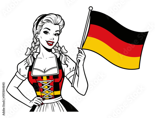 Beautiful German woman in traditional dirndl dress holding the flag of Germany, retro pin-up style illustration for Oktoberfest and national celebrations