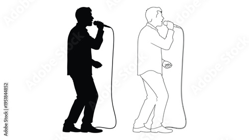 A man singing into a microphone next to a cutout of another man