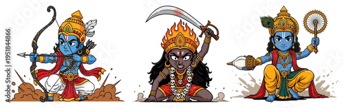 Hindu deities chibi set with Rama Kali and Vishnu, cute Indian mythology characters with traditional weapons, spiritual mascot illustrations for kids and religion design